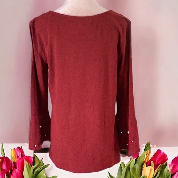 LOFT OUTLET NWT TOP BLOUSE PEARL DETAIL RUFFLE SLEEVES BURGUNDY MEDIUM - Picture 2 of 7
